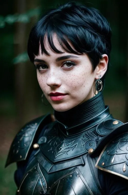 Prompt: A woman, black hair, short hair, wearing fantasy clothes, fully clothed, glowing eyes, happy, blushing, cosy, moody, freckles, cute looking, masterpiece, nature, masterpiece, hd quality,