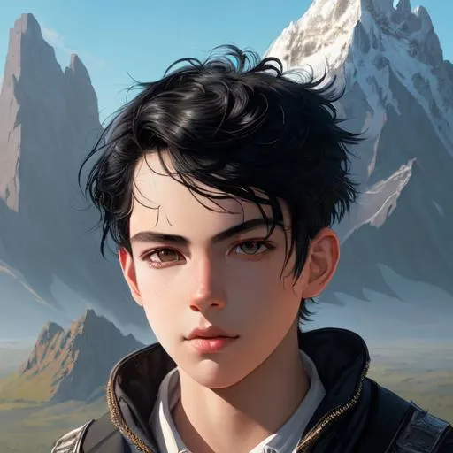 Prompt: Portrait of boy with black hair and with smart face, {morning sunlight mountain view}, perfect composition, hyperrealistic, super detailed, 8k, high quality, trending art, trending on artstation, sharp focus, studio photo, intricate details, highly detailed, by greg rutkowski