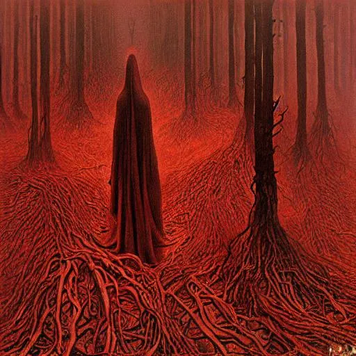 Prompt: A cloaked figure walking through a nightmarish forest of flesh and bones in agony, by Zdzisław Beksiński, dripping red oil, intricate, corpses, decay, despair, nightmare, haunting, rot, cursed, pain, suffering, torment, dreadful, surrealism, hyperrealism