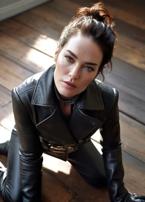 Prompt: photorealistic Lena Headey, detailed face, high-quality, professional, detailed eyes,  realistic, intense gaze, celebrity, professional lighting, detailed facial expression, high resolution, wearing leather coat, gloves, very tall buckle boots on wooden floor,  intricate details, realistic skin tones, professional photography