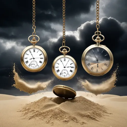 Prompt: Pocket watches falling from dark clouds, turning into sand
