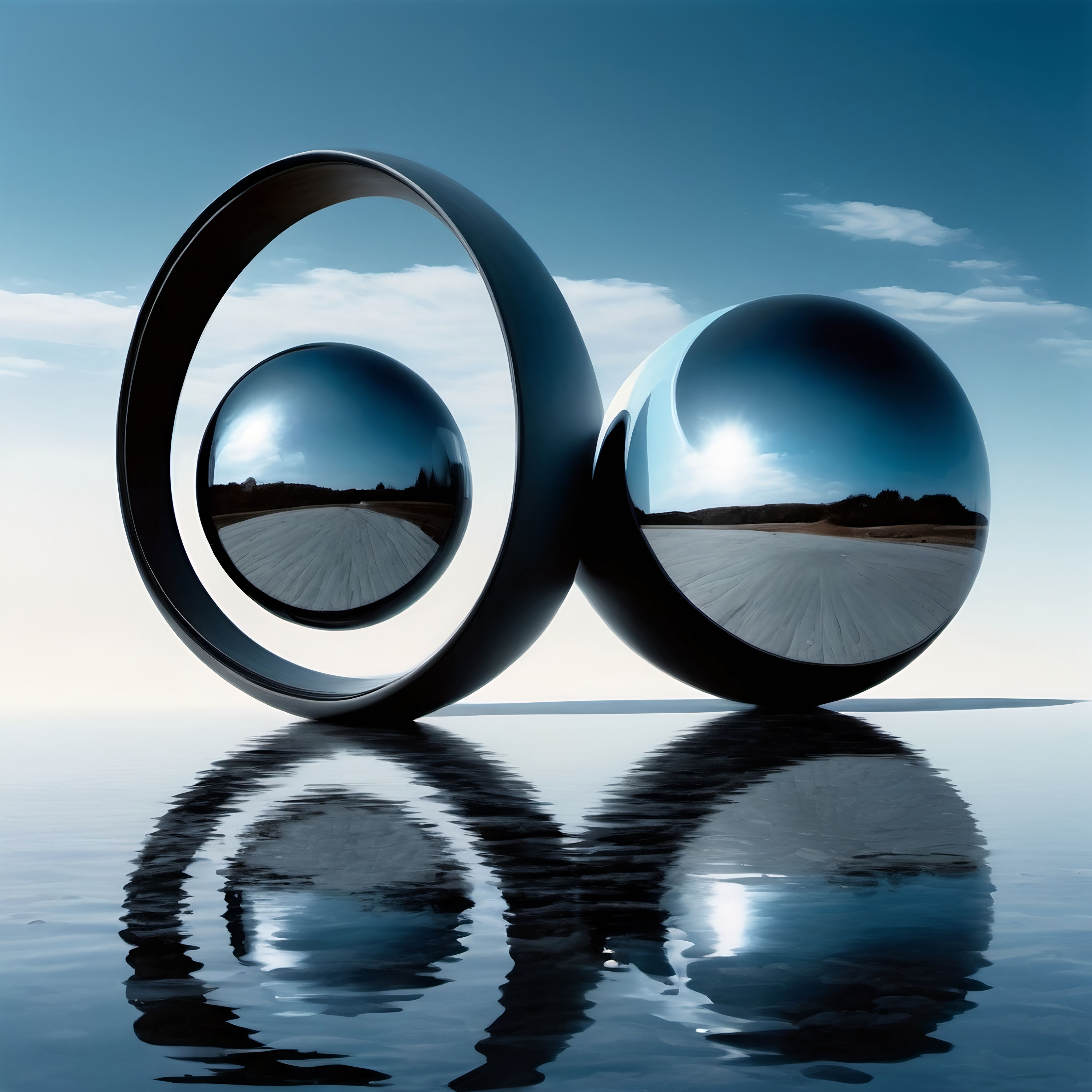 Prompt: a couple of balls sitting on top of a body of water next to each other on a reflective surface