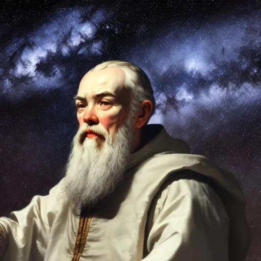 Prompt:  Galileo Galilei looking up, background stars

