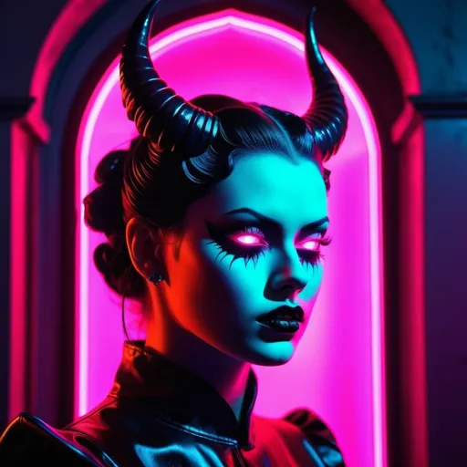 Prompt: demon, hell, demonic, gothic, vaporwave, retro, neon, aesthetic, liminal, high quality, high definition, beautiful, dramatic lighting