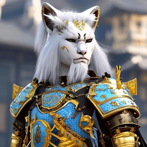 Prompt: A cat-faced white and blue hair samurai wearing gold and black armor