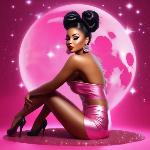 Prompt: pin-up girl brown skin lady 3d art sittin on pink glitter moon