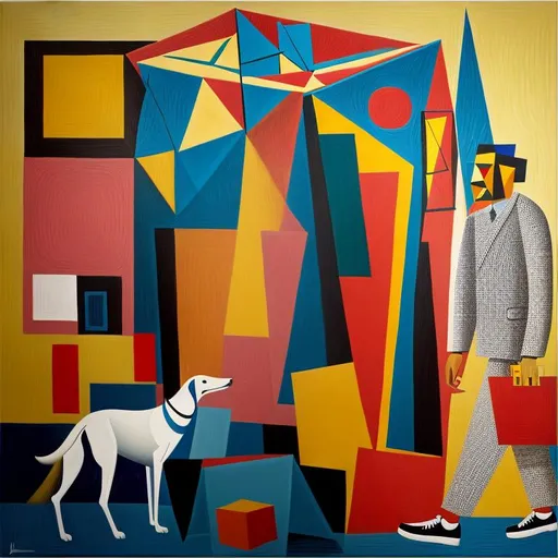 Prompt: A abstract painting big cubical background with different shapes and items and sizes of shapes textured textures into this painting different dimensions in this image different hidden items like a puzzle random lines or out of place items or things in this picture. A man walking a Dog random placement. Picasso style, Salvador Dali style 