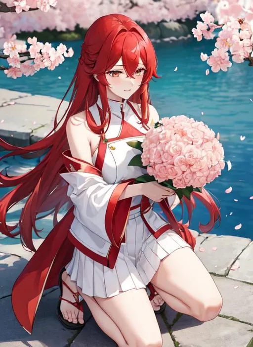 Prompt: Zerif 1male (Red side-swept hair covering his right eye) 8K, UHD, best quality, under the cherryblossom trees, wearing a casual outfit, red hair, on one knee proposing, holding a bouquet of flowers, blushing, looking away nervously
