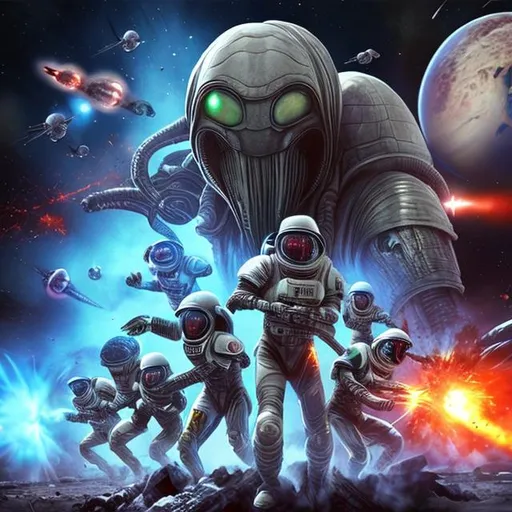 Prompt: huge space men war with aliens battle fire death explosions ice planet action extreme violence  hero evil