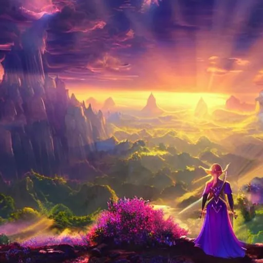 Prompt: The princess Zelda in the zelda tears of the kingdom scenery landscape, sunrise, god's rays highly detailes, vivid color, cinematic lighting, perfect composition, 8 k