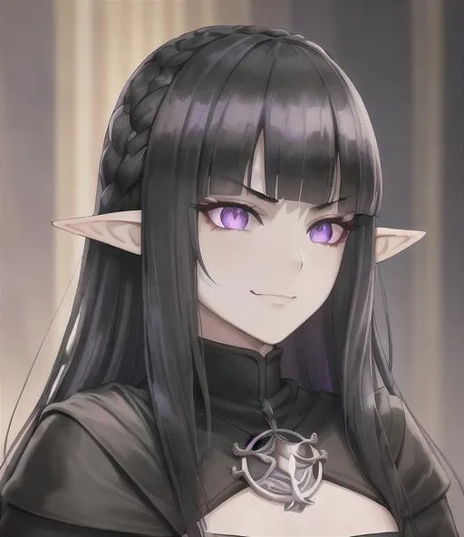 Prompt: Female with black hair, portrait, elf, purple eyes, dark skin, 4k, hyperrealisitic, royal princess, berserk, game of thrones, arrogant smirk small chest