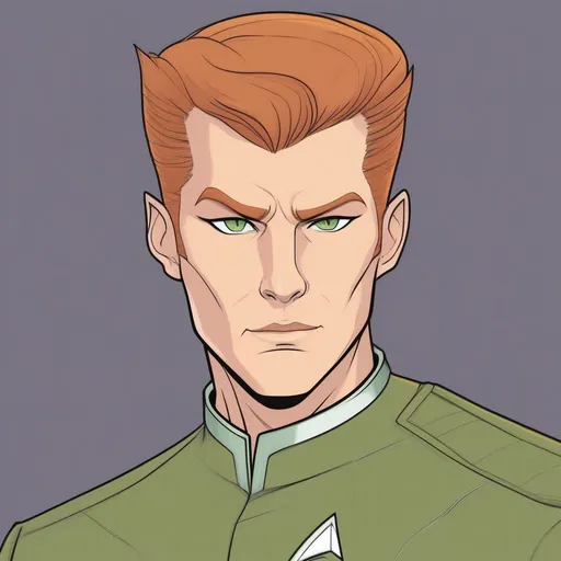 Prompt: An adult tall muscular male alien starship officer of a star trek feline caitian species, anthropomorphic cat, slightly human interspecies halfbreed. He has shot ginger fur and a pale skin. brown very short slicked back pompadour undercut with shaved sides andchstnut highlights, He wears a united federation uniform and has green eyes. Detailed, well drawn face, Smooth skin, caucasian. rpg art. Star trek art. 2d art. 2d