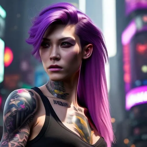 Prompt: ((best quality)), ((masterpiece)), ((realistic)), (detailed), woman, sfw, arm tattoo, cyberpunk fashion, cyberwear impants, long hair, Short pixie with straight hair and undercut, big purple eyes, (looking at viewer:1. 2), (high angle shot:1. 3), colorful tattoos, pink hair, detailed background, in the night city, portrait, smiling, seductive look, night, close up face shot, soft lights, 8k, realistic, RED V-Raptor, raytracing, focus face