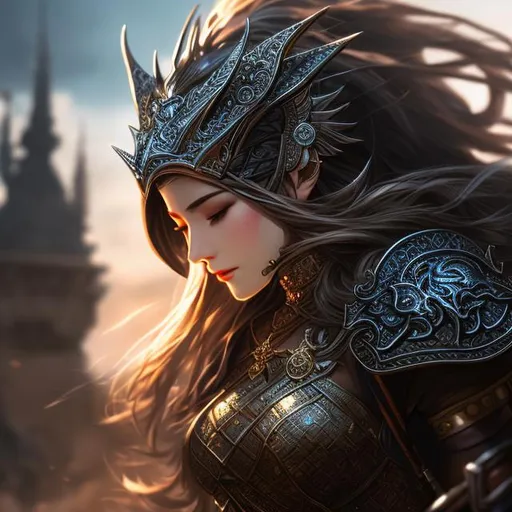 Prompt: Game art D&D, Fantasy, High Fantasy, intricate details, medium shot, detailed background, detailed face, detailed armor, detailed weapon, photo realistic