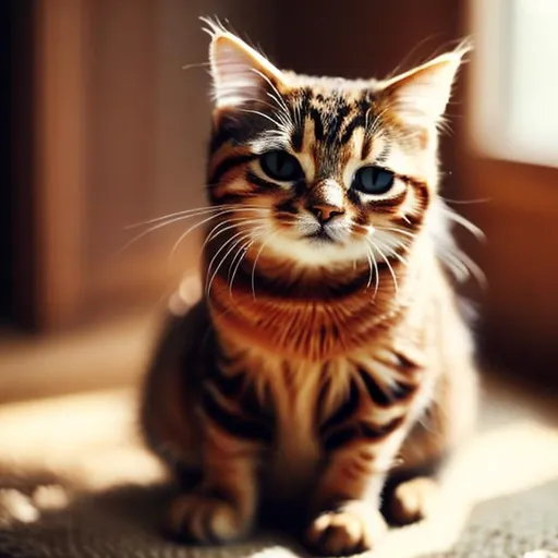 Prompt: a cute tabby cat sitting in a  warm house setting, its sitting infront of its bowl squinting its eyes.