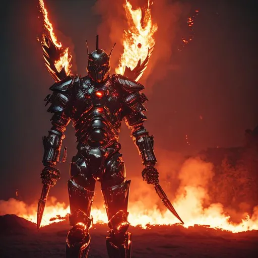 Prompt: Man in heavy futuristic Armour, fire in Background, fighting demons