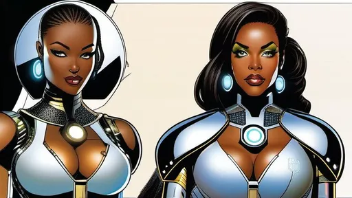 Prompt: Hope Alguin--dark-skinned curvaceous cyborg beauty--uses a quantum computer to scan the Omniverse for any trace of her lost android muse-brother, Philo Layne. art by Travis Charest and Richard Friend.