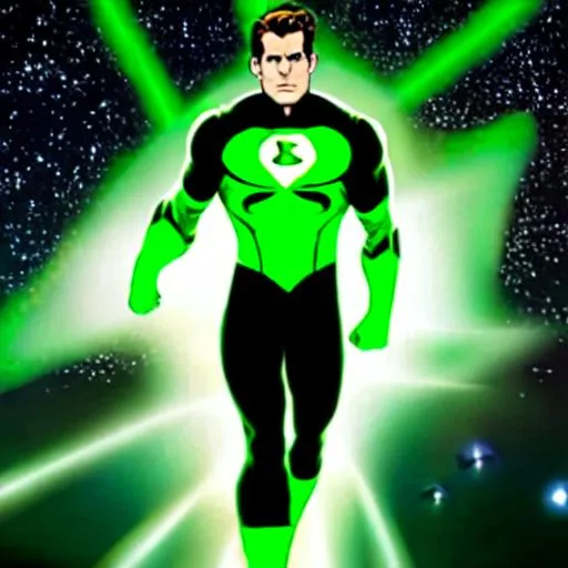 Prompt: Hal Jordan Ryan Reynolds Inspired, Green-Glowing-Cape floating in deep outer-space 