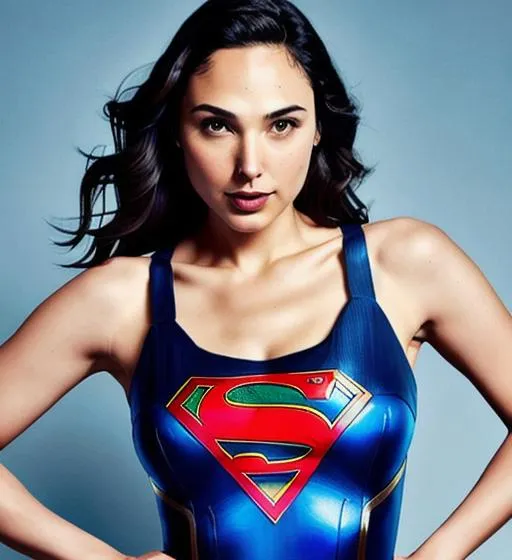 Prompt: Gal gadot in a  blue suergirl suit, gal gadot , supergirl, gorgeous , fit body, gal gadot face details, high details,  portrait ,relaistic 