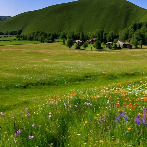 Prompt: The simplest of course was two rocks for the gate and no other marks on an open field. We could do that easily, going to the empty fields around one of the ends of the village. There was a big open field with only grass and nothing else except maybe some wildflowers.