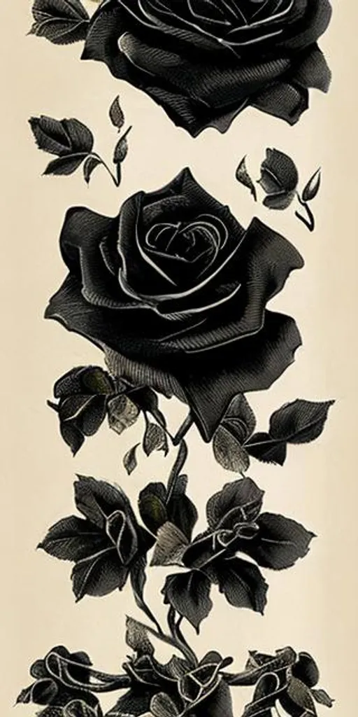 Prompt: antique paper, long-stemmed black roses, ribbons and bows, edging, border, corner borders, Victorian, parchment, dark