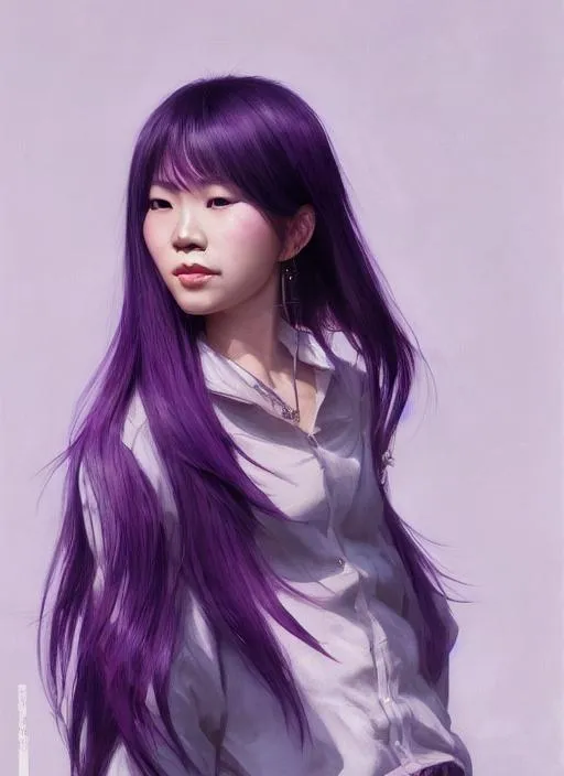 Prompt: Portrait of Vietnamese female with purple hair and with cute face, tokyo downtown, perfect composition, hyperrealistic, super detailed, 8k, high quality, trending art, trending on artstation, sharp focus, studio photo, intricate details, highly detailed, by greg rutkowski