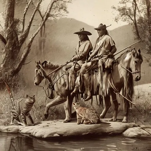 Prompt: Native American cats on horseback bow fishing 1800s historical photo 4k