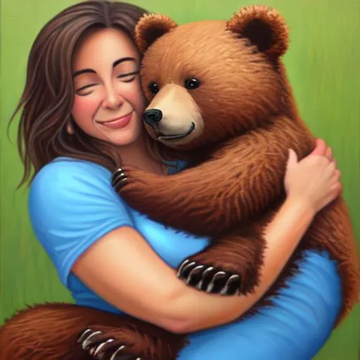 Prompt: Oil painting of a baby Bruin hugging his mama bear