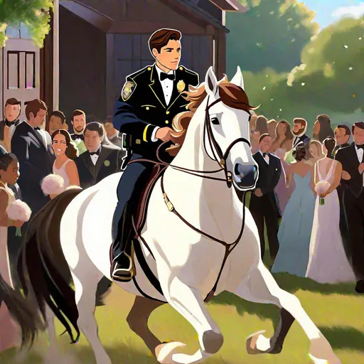 Prompt: Caleb  as a police officer (brown hair) (brown eyes) wearing a tuxedo, full body, riding a horse, pulling back on the reins, making the horse on its hind legs rearing  up, two large doors directly behind him, center, front-facing, stopping a wedding, objecting