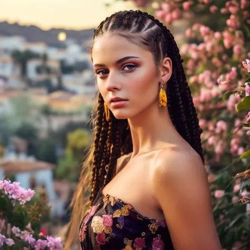 Prompt: professional modeling photo live action  human woman hd hyper realistic beautiful woman dark black hair cornrows light brown skin hazel eyes beautiful face light blue peasant dress with jewelry enchanting spanish landscape hd background with live action flowers and trees at night starry sky