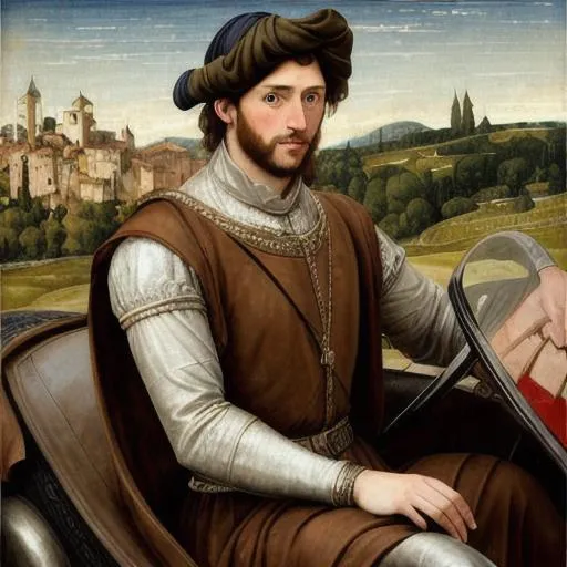 Prompt: Handsome young and rich medieval man driving a luxurious sportscar, oil painting, 16th century, realistic, in the style of Filippino Lippi