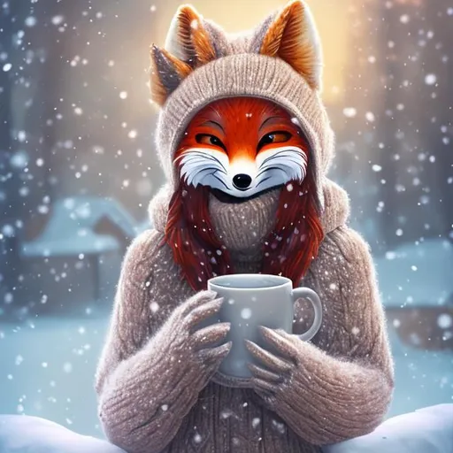 Prompt: An adult female anthro furry fox wearing a cozy winter snowy costume drinking a warm cup of hot cocoa, digital art, artstation, 8K