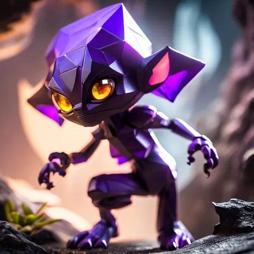 Prompt: Small purple humanoid figure, long pointy ears, large hexagon shaped gems for eyes, glowing eyes, large eyes, a large mouth with small pointy teeth, three fingers on each hand and three toes on each foot, short limbs, crouched stance, purples and blues, dim lighting, cave, spooky, goblin like, alien, dark, smooth skin, crystals, genderless, smokey