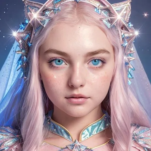 Prompt: closeup face portrait, smooth soft skin, big dreamy eyes, symmetrical, cute face, soft lighting, detailed face,  looking into camera

star druid aasimar woman wears a dazzling outfit that shines like the stars themselves. The costume is predominantly pastel pink and blue, with a glittering cape adorned with stars. The bodice of the costume is sleeveless and fitted, with a pink star-shaped emblem in the center. 

pastel pink hair is pulled back into a high ponytail, with a pink star-shaped hair clip holding it in place. She also wears star-shaped earrings and a pendant necklace with a small crystal sphere. gold freckles