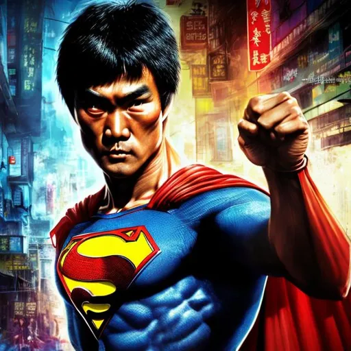 Prompt: one hybrid superhero character, Mix superman and Bruce Lee, in realistic background of Hong kong, with weapon, vibrant colors, intense facial expression, detailed armor and cape, 4K, detailed facial expression, superhero, vibrant colors, intense gaze, advertisement-worthy, realistic, detailed illustration, professional, vibrant lighting
