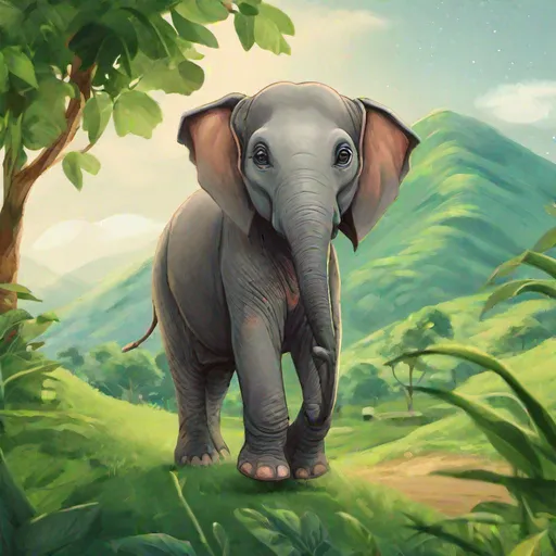 Prompt: A small, happy elephant named "Kaju" living in a lush green area surrounded by beautiful hills.