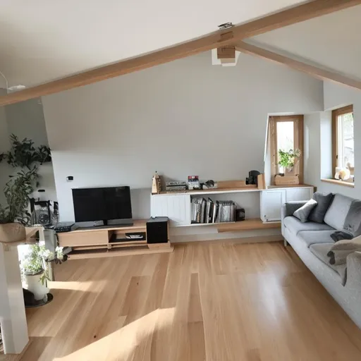 Prompt: danish attic style living room, normal ceiling height, ash veneer stair and stair rail, scandinavian design 