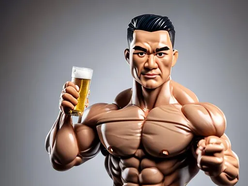 Prompt: Funko pop clean shaven asian bodybuilder figurine holding a beer, made of plastic, product studio shot, on a white background, diffused lighting, centered