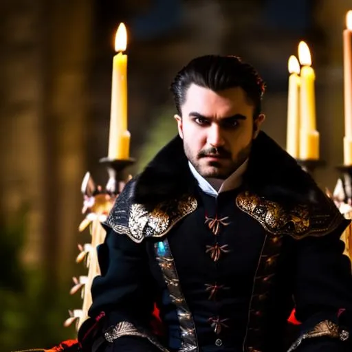 Prompt: {{{(Evil Male Vampire)!!!, sitting on a throne, in a castle, Drinking Blood, Knights at the ready}}}, Professional photography, bokeh, Nighttime lighting, canon lens, shot on dslr 64 megapixels sharp focus, photorealistic, Intricately Designed, Hyperrealistic, Ultra Detail, Male, Sinister, Savage, Bloody, Violent, Midnight, Fangs