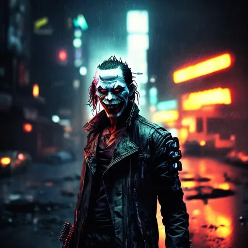 Prompt: Black cyberpunk joker. Slow exposure. Detailed. Dirty. Dark and gritty. Post-apocalyptic Neo Tokyo. Futuristic. Shadows. Sinister. Armed. Fanatic. Intense. Heavy rain. Explosion. Burning car in background
