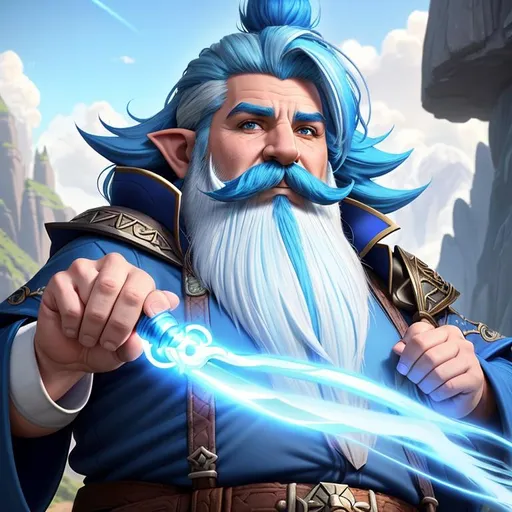 Prompt: male gnome, dnd character, sorcerer, flamboyant outfit, extra large long nose, extra big eyes, wide well groomed handlebar mustache, wild blue hair with white highlights, blue mustache with white streaks, oil painting, fantasy,  UHD, hd , 8k, , hyper realism, Very detailed, zoomed out view of character, panned out view, full character visible, is wearing medieval attire, character art,