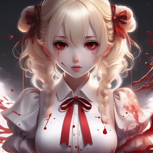 Prompt: 3d anime woman cute innocent covered in blood blonde pigtails hair and white dress covered in blood and beautiful pretty art 4k full HD