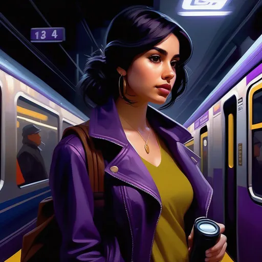 Prompt: Third person, gameplay, Mexican girl, pale olive skin, black hair, dark brown eyes, 2020s, smartphone, NYC subway station, foggy, dark purple atmosphere, cartoony style, extremely detailed painting by Greg Rutkowski and by Henry Justice Ford and by Steve Henderson 