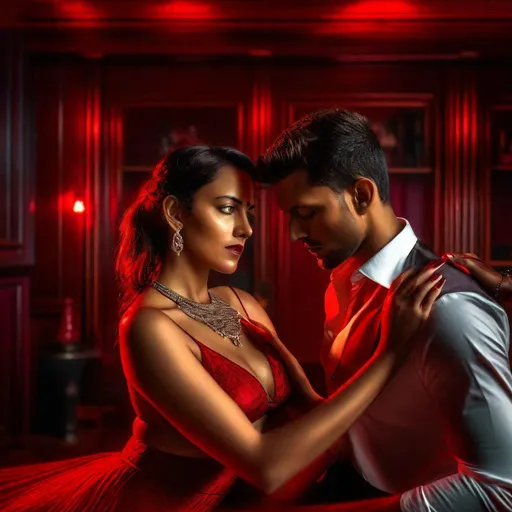 Prompt: Hyperrealistic hyperdetailed HDR photograph in dramatic lighting of couple, enacting bdsm scene in red room from movie 'fifty shades of Grey', passionate, wearing petticoat & blouse, bindi & mangalsutra, sliding a riding crop through her deep exposed cleavage, detailed facial expression focused 