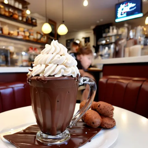 Prompt: HD Chocolate milkshake with whipcream, chocolate syrup, in a cute café