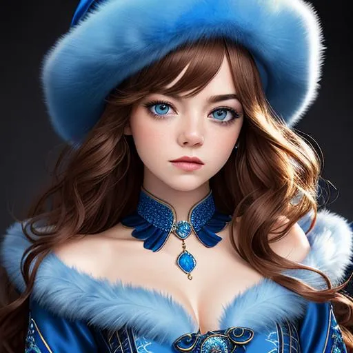 Prompt: studio photography masterpiece, best quality, 1girl, emma stone, Long curly hair, face front, ((blue fashion silk lone costume with blue swirling vortexes pattern)), ((blue Plush Fur Hat)), emotional face, (close up portrait), make up, studio light, studio