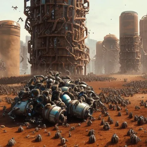 Prompt: a swarm of nanobots eat a cylinder full of rust