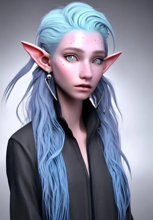 Prompt: elf, silver hair, blue silvery skin, beautiful with piercings, photo realistic