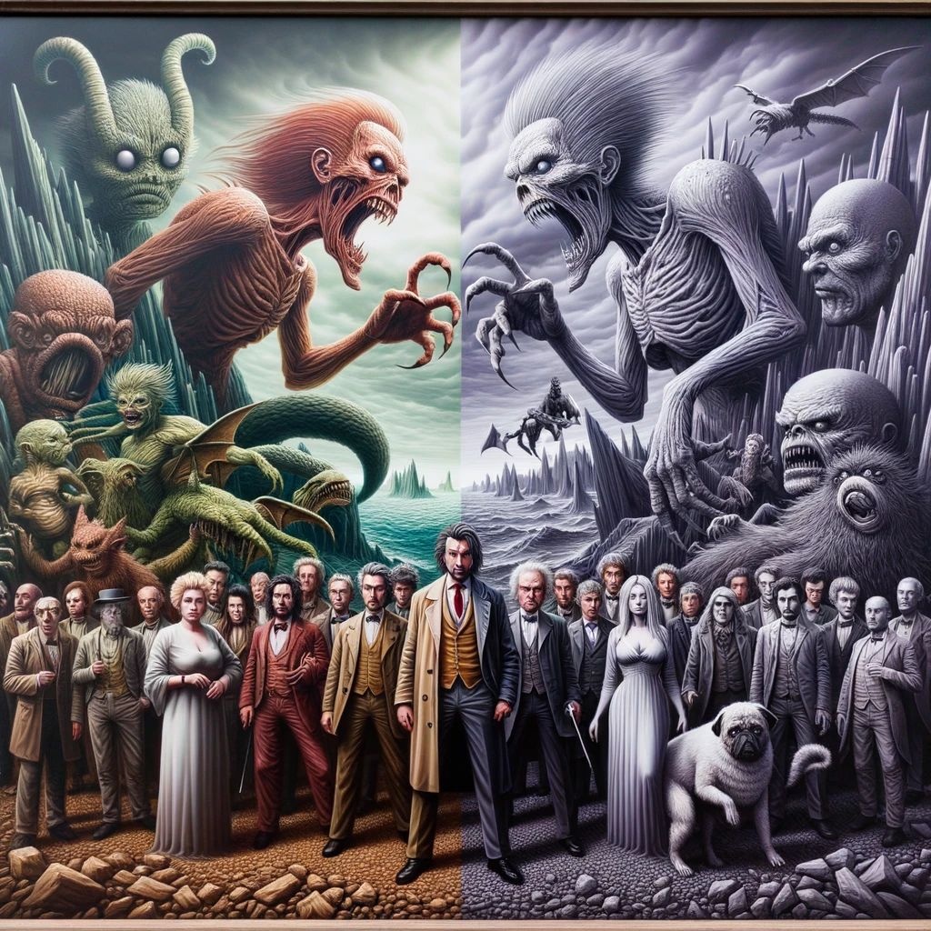 Prompt: In a square format, a series poster that exudes both official and fan-made vibes. Characters are portrayed in a grotesque manner, set against a backdrop of spiky terrains. The artistry borrows elements from celebrated painters and showcases a 3D visual depth similar to Bryce 3D techniques.