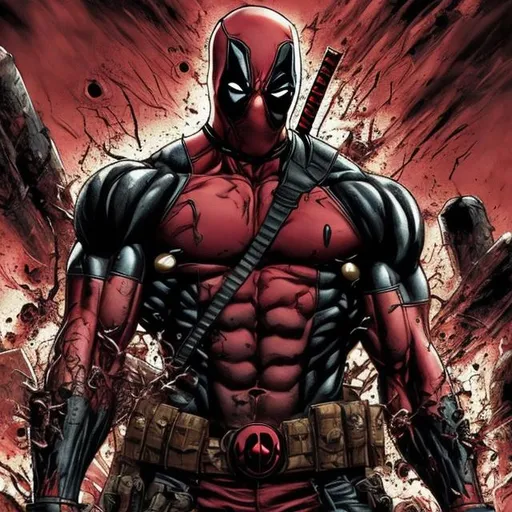 Prompt: Deadpool venom variant. muscular. dark gritty. Bloody. Hurt. Damaged. Accurate. realistic. evil eyes. Slow exposure. Detailed. Dirty. Dark and gritty. Post-apocalyptic. Shadows. Sinister. Intense. 